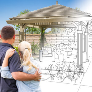 Couple Facing Pergola Drawing Gradating To Photo.